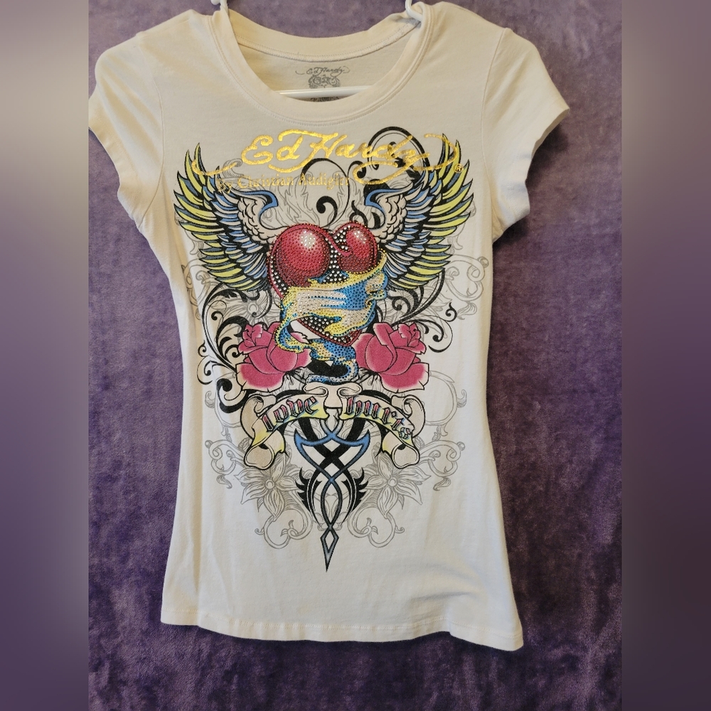 White tee small Ed Hardy shirt with design